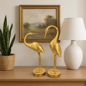 Vintage Brass Egret Heron Bird Statues | 14” Tall Sculptures | Mid-Century Modern Coastal Decor | Heavy Base Crane Figurine Pair