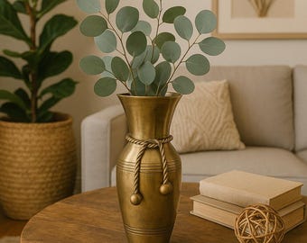 Vintage Solid Brass Vase with Rope Accent | 9-Inch Tall Boho Brass Vessel | Eclectic Mid-Century Modern Home Décor