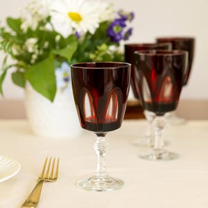 Vintage Ruby Red Wine Goblets Set of 4 Elegant Gothic Art Deco Glassware Christmas Entertaining or Unique Hostess Gift