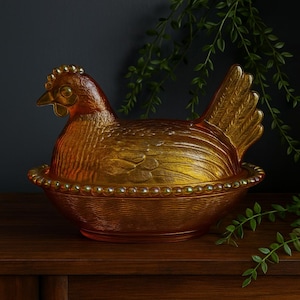 Vintage Amber Glass Hen on Nest by Indiana Glass with Iridescent Nest Classically Elegant Home Décor | Lidded Dish |Collectible Glass Gift