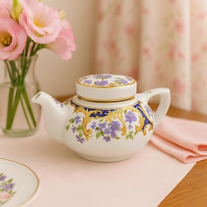 Vintage Andrea by Sadek Teapot | Purple Violets with Gold and Dark Purple Accents | Small 4-Inch Decorative Teapot