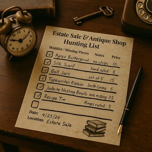 Estate Sale & Antique Shopping Checklist | Printable and Digital PDF | Vintage Style Organizer for Thrifting, Resellers, and Collectors