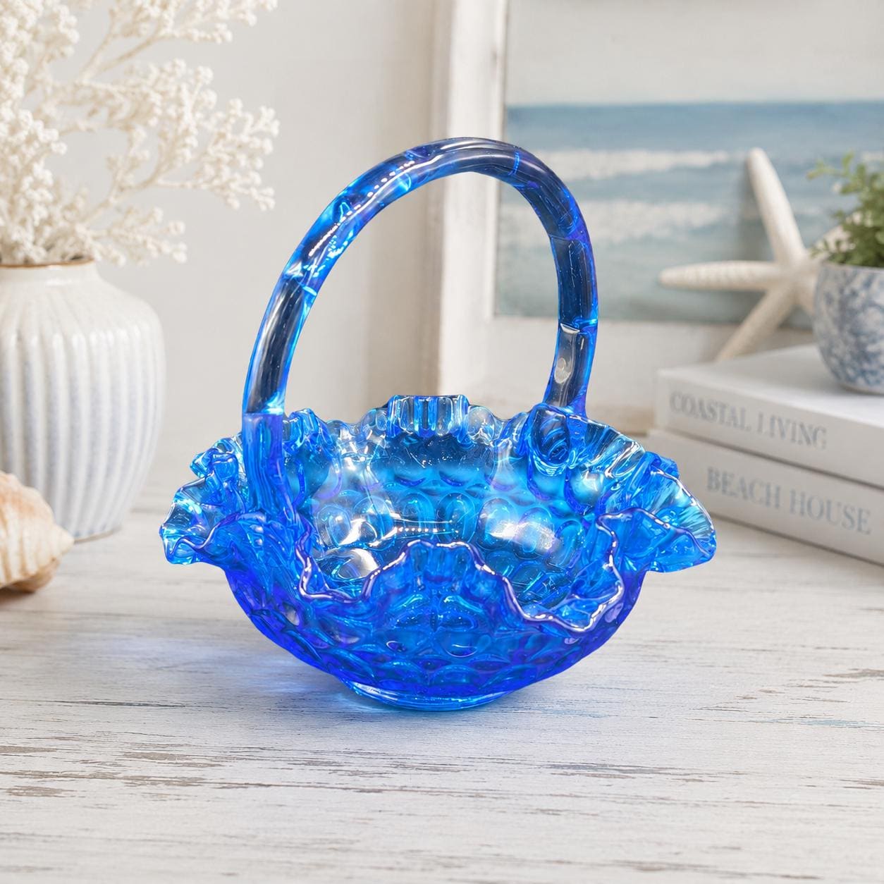 フェントン製のブルーの花籠 Vintage Fenton Colonial Blue Basket - Etsy