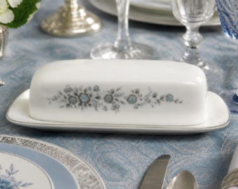 Vintage Porcelain Butter Dish – Ecko Winsford Blue Floral with Silver Rim, Mid Century Tableware
