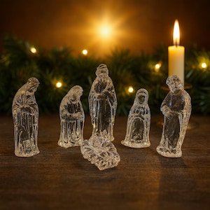 May include: A set of six clear glass nativity figurines featuring standing figures and a central infant in a manger. The translucent sculptures are arranged on a dark surface with a lit white candle and evergreen branches in the background.
