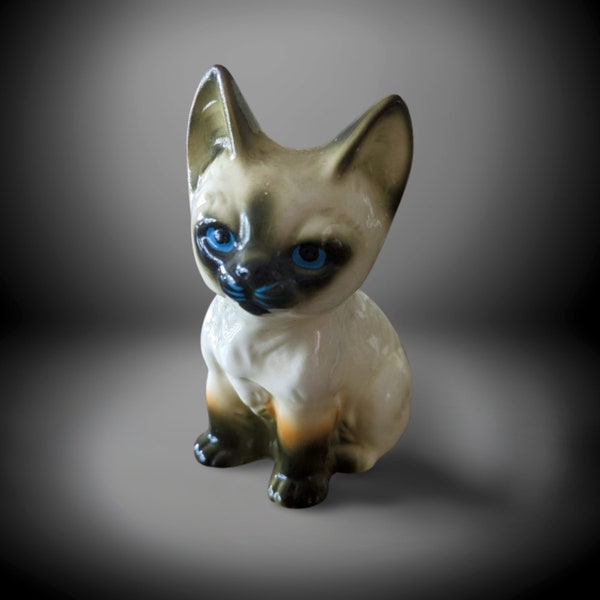 Vintage Siamese Kitten Figurine Enesco 3-inch Blue-Eyed Porcelain Cat | Gift for Cat Lover | Home Décor