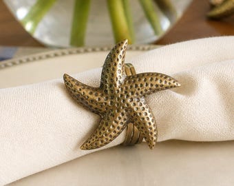 Vintage Brass Starfish Napkin Rings Set of 6 – Coastal Beach Table Decor, Nautical Dining Entertaining, Textured Metal Napkin Holders