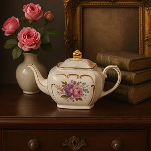 Vintage Sadler England 1930s Cube Teapot | Ivory Pink Rose Pattern with Hand-Painted Gold Accents | | Perfect Gift for Tea Lovers