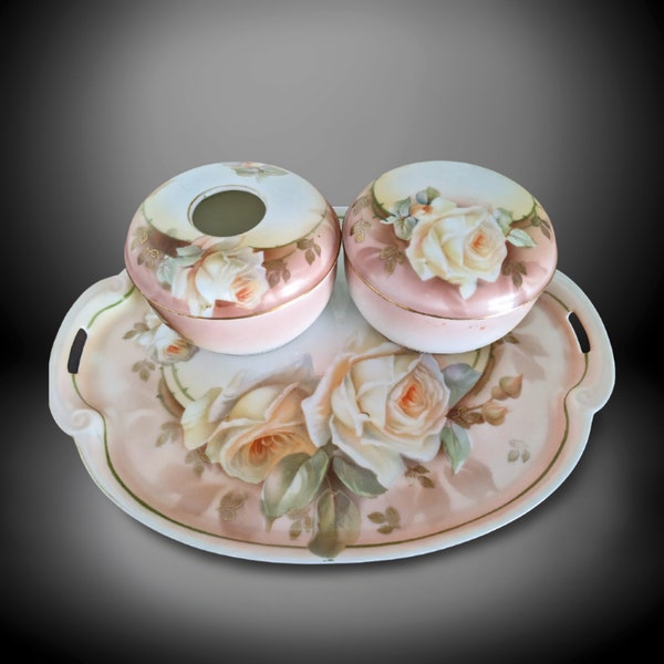 Vintage RS Poland Germany China Vanity Dresser Top Set | Hand-Painted White Roses on Dusky Rose Background | Grandma Core Décor