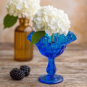 Vintage Fenton Colonial Blue Thumbprint Compote with Ruffled Rim – 6 Inch Pedestal Dish