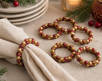 Vintage Martha Stewart Beaded Napkin Rings - Set of 6 Red Gold Holiday Table Decor, Jeweled Christmas Dinner Napkin Holders