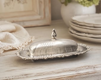 Vintage Silverplate Covered Butter Dish – Ornate Floral Lid with Glass Insert, Mid Century Tableware