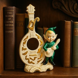 Vintage 1956 Pixie Elf Planter – Lute & Guitar, Kitsch Japan Home Decor