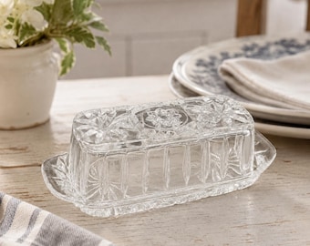 Vintage Anchor Hocking Prescut Glass Butter Dish | Elegant Tableware