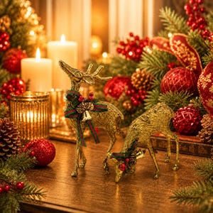 May include: Two gold-colored deer figurines with textured surfaces, each wearing a green and red plaid ribbon collar adorned with a small bell, a pinecone, and red berries, positioned among festive holiday decorations and lit candles.