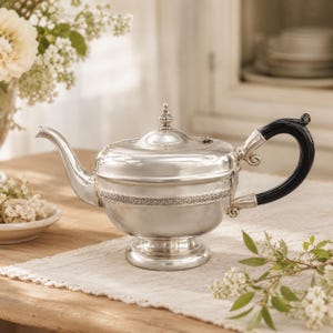 May include: A polished silver teapot featuring a rounded body, a curved spout, and a black handle. The lid is topped with a small decorative finial, and a detailed embossed band encircles the midsection of the vessel, which rests on a pedestal base.