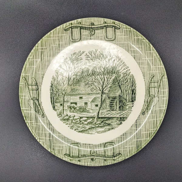 Vintage Currier & Ives Green Salem China Company 9-inch Dinner Plate | Traditional Americana Dining | SCIO