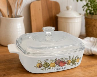 Vintage Corning Ware Spice of Life 1 Qt Casserole Dish with Pyrex Lid, A-1-B L’Echalote, Retro Kitchen Bakeware