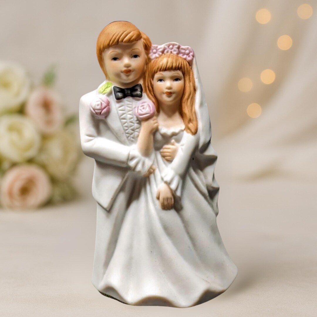 Vintage Wedding Cake Topper - Bride and Groom With Pink Flowers ...
