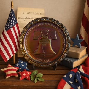 Vintage Indiana Carnival Glass Liberty Bell Plate – Patriotic Bicentennial Souvenir | Iridescent 8&quot; 1976 Commemorative Decor