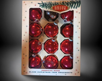 Vintage Red and Silver Shiny Brite Christmas Ornaments | Set of 12 Mid-Century Holiday Decorations in Included Authentic Shiny Brite Box