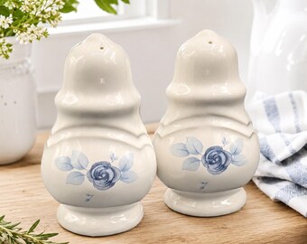 Vintage Pfaltzgraff Memories Salt and Pepper Shakers, Blue Rose Stoneware Set, Vintage White Floral Kitchen Table Decor, Original Stoppers