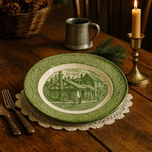 May include: A green and white decorative plate with a detailed illustration of a building scene. The plate is set on a white lace doily, with a fork and knife to the left. A candle in a brass holder and a pewter mug are in the background.