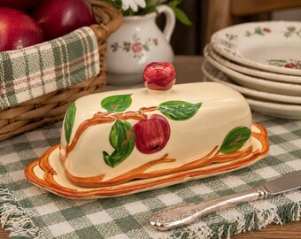 Vintage Franciscan Apple Butter Dish - Covered Earthenware Butter Keeper, Red Apple Pattern Farmhouse Kitchen Decor