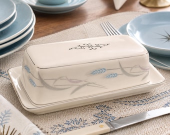 Vintage Valmont China Royal Wheat Butter Dish - MCM Covered Butter Dish, Blue Wheat Platinum Trim, Made in Japan Tableware