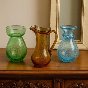 Vintage Hand Blown Crackle Glass Vases & Pitcher | Choose Mint Green Vase, Gold Pitcher, or Light Blue Vase | Blown Art Glass Collectibles