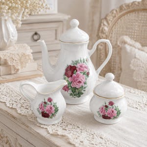 Vintage Floral Tea Set – Teapot, Sugar Bowl & Creamer, Fine China Made in Poland, Southington by Baum Maria Pattern