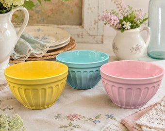 Vintage Pier 1 Pastel Bowls Set of 3 - Yellow Pink Blue Stoneware Dessert Bowls, Cottage Kitchen Decor