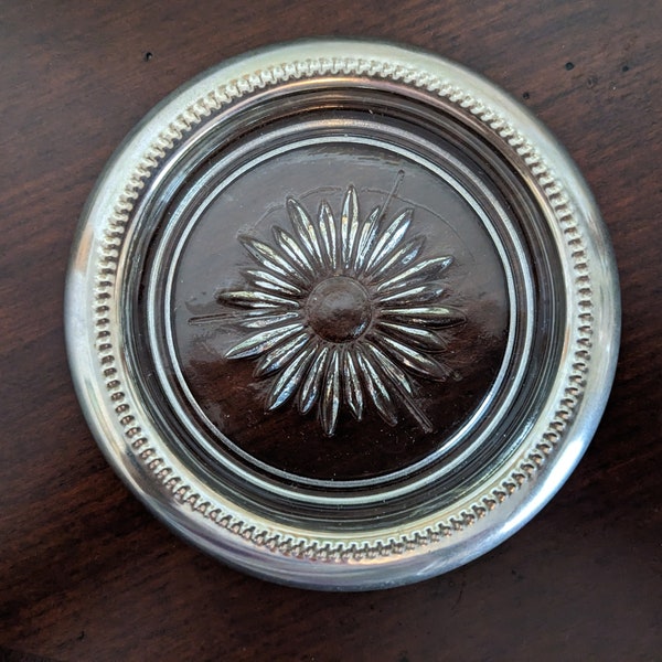 Vintage Clear Glass Coasters with Metal Rims Set of 7 Featuring Mid-Century Floral Design