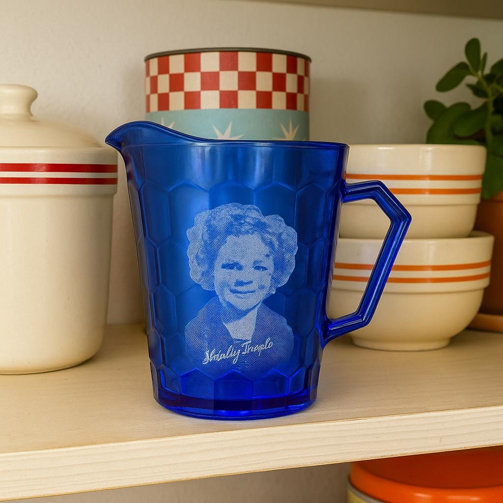 Vintage Shirley Temple Cobalt Blue Pitcher | 1930s Hazel Atlas