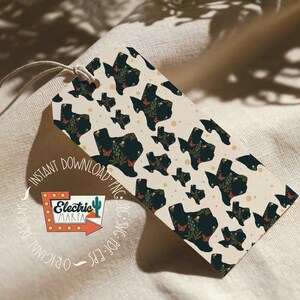 May include: A rectangular gift tag with a cream background features a repeating pattern of Texas state outlines filled with floral and butterfly designs. The tag includes the text "Instant Download PNG" and a logo with the text "Electric Maria".
