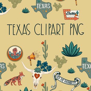 May include: A repeating pattern featuring Texas-themed illustrations on a tan background. Elements include a Texas map, cacti, a fox, a bull skull with a heart, and the text "TEXAS CLIPART PNG".