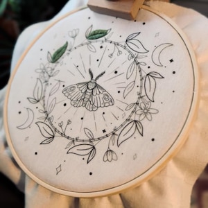 Moth & Moon Embroidery pattern Celestial Floral Wreath Hand Embroidery Transfer on Water Soluble Stabilizer 3-7 inch Hoop