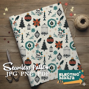 Könnte beinhalten: Nahtloses Muster mit Totenköpfen, Weihnachtskugeln, Weihnachtssternen, Vogelkäfigen und Krähen auf cremefarbenem Hintergrund. Das Design enthält den Text "Seamless Pattern JPG PNG PDF" und das Electric Maria Logo.