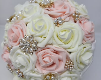 Ivory and Blush Foam Roses Gold Brooch Bouquet | Bridal | Wedding Bouquet | Wedding Flowers | Bridesmaids | Toss Bouquet | Gold
