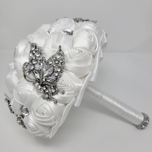 White Satin Roses Butterflies Wedding Brooch Bouquet | Bridal | Wedding Flowers | Bridesmaids | Toss Bouquet | Butterflies | Silver