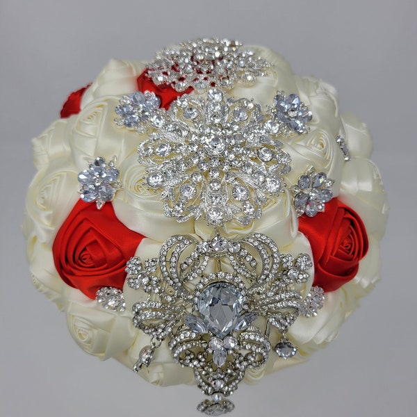 Ivory and Red Satin Roses Brooch Bouquet | Bridal | Wedding Flowers | Bridesmaids Bouquet | Wedding Bouquet | Toss Bouquet | Silver