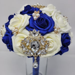 Royal Blue and Ivory Foam Roses Gold Brooch Bouquet | Bridal | Wedding Bouquet | Wedding Flowers | Bridesmaids | Toss Bouquet | Gold