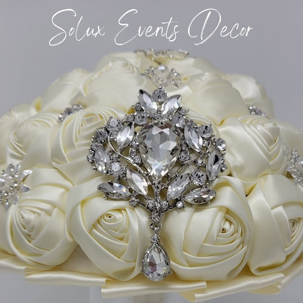 Ivory Satin Roses Silver brooch Wedding Bouquet | Bridal | Wedding Flowers | Bridesmaids | Toss Bouquet | Silver