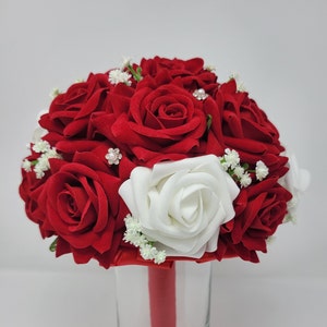 Red Velvet and White Foam Roses Brooch Bouquet | Bridal | Wedding Flowers | Wedding Bouquet | Bridesmaids | Toss Bouquet | Silver