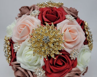Dusty Rose Red Ivory and Blush Foam Roses Gold Brooch Bouquet | Bridal | Wedding Bouquet | Flowers | Bridesmaids | Toss Bouquet | Gold