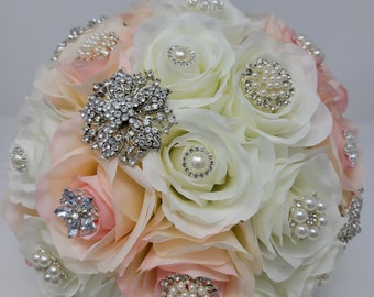 Ivory and Pink Silk Roses Silver Brooch Bouquet | Bridal | Wedding Bouquet | Wedding Flowers | Toss Bouquet | Silver | Perles