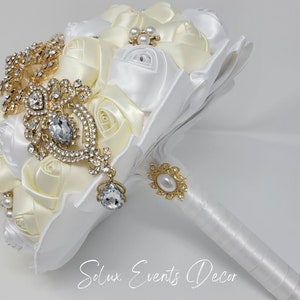 Ivory and White Satin Roses Brooch Bouquet | Bridal | Wedding Flowers | Bridesmaid Bouquet | Wedding Bouquet | Toss Bouquet | Gold
