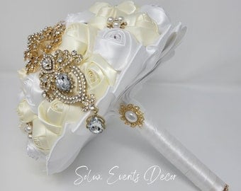 Ivory and White Satin Roses Brooch Bouquet | Bridal | Wedding Flowers | Bridesmaid Bouquet | Wedding Bouquet | Toss Bouquet | Gold