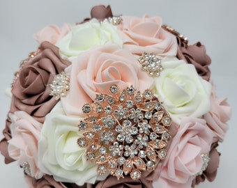 Dusty Rose Blush and Ivory Foam Roses Brooch Bouquet | Wedding Bouquet | Bridal | Wedding Flowers | Bridesmaids | Toss Bouquet | Rose Gold