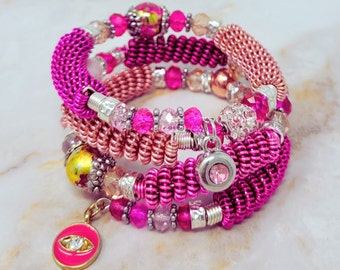 Pink & Silver Wire Wrapped Bracelet | Handmade Memory Wire Bangle